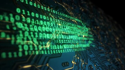Digital Data Stream Visualization - An abstract depiction of binary code flowing across a circuit board. The glowing green numbers and lines suggest data transmission and processing. - Powered by Adobe