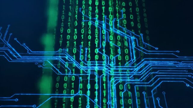 Abstract Digital Data Stream and Circuitry Visualization - An abstract digital visualization featuring a stream of binary code and interconnected circuit patterns video in shades of blue and green.