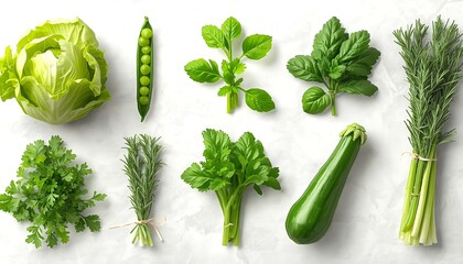 A variety of fresh vegetables and herbs arranged on a white surface