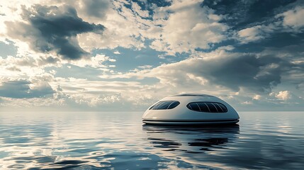 Futuristic floating home on calm water