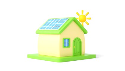 A small yellow house with solar panels on its green roof and a bright sun shining above it