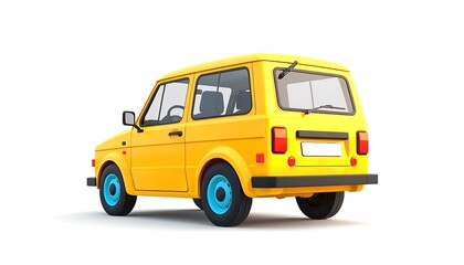A bright yellow car with blue wheels is parked on a white background