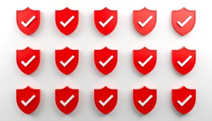 A collection of red shields with white checkmarks on a clean white background