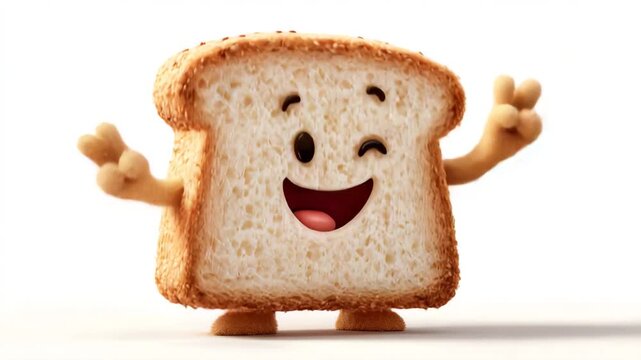 A cheerful cartoon slice of bread with a happy face and arms isolated on white background