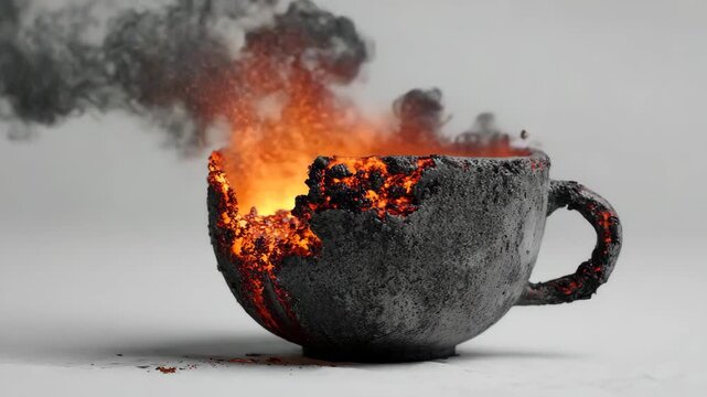 Burnt coffee cup with flames and smoke coming out of it on white background