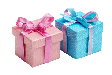 Obraz premium Two Gift Boxes with Ribbons in Pink and Blue, Festive Present Celebration Isolated on Transparent Background