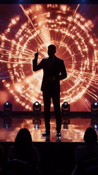 Silhouette of a Speaker on Stage with Dynamic Light Background