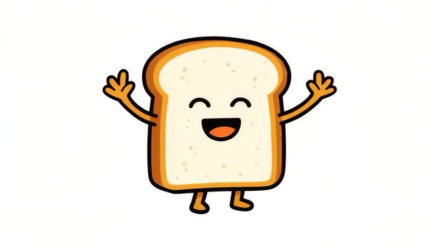A cartoon slice of bread with a happy face and arms raised in excitement isolated on white background