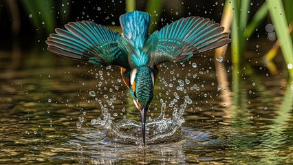 Kingfisher diving into water