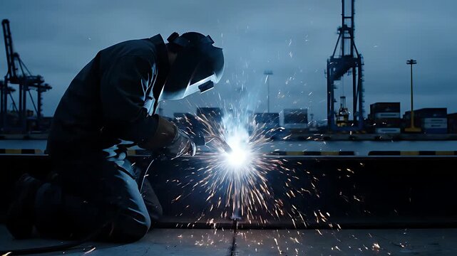 Industrial metal worker wearing protective gear kneels while intensely performing electric arc welding tasks, creating bright sparks during a crucial night construction or repair project.