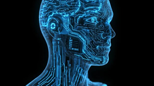 Futuristic AI Head with Circuitry Design - A neon-blue illuminated human head is overlaid with a complex circuit board design, representing artificial intelligence.