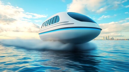 Futuristic hovercraft across water