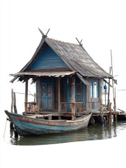 Fototapeta premium Weathered Blue Wooden Stilt House Adorned With Traditional Roof Resting On Water With Small Boat Attached