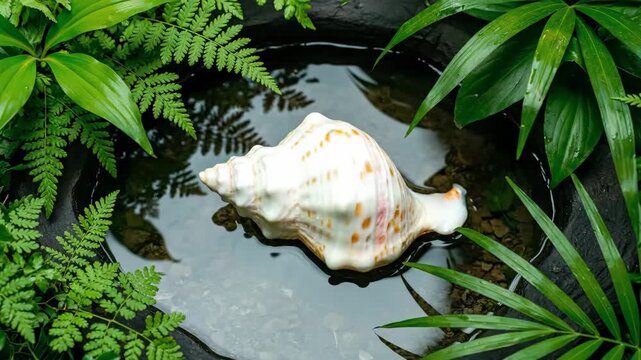 Conch Shell in Tranquil Water and Lush Greenery - A beautiful conch shell rests in a serene pool of water. The shell is surrounded by vibrant green foliage, creating a tranquil and natural scene.