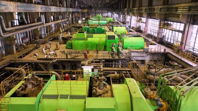 Thermal turbines on the general plan inside the thermal power plant building