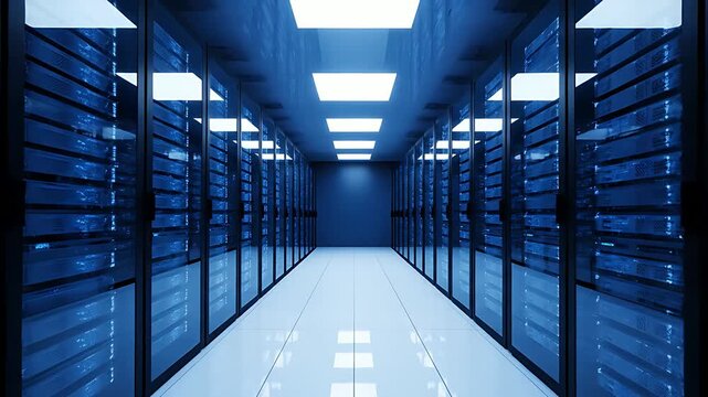 Illuminating blue digital corridor inside a modern, high-tech server room showcasing rows of industrial computer hardware racks stretching toward a bright vanishing point.