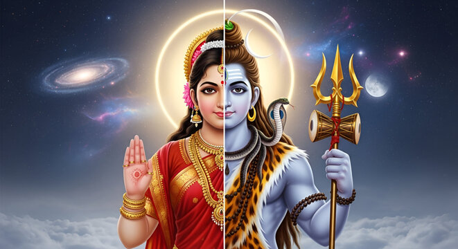 Maha shivratri Ardhanarishvara divine form representing sacred union of Shiva and Parvati with cosmic balance spiritual energy Hindu culture devotion and faith