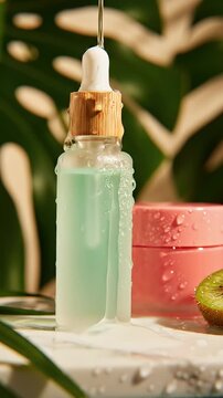 Natural skincare serum bottle with tropical leaves and pink container
