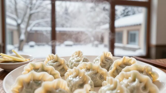 Steaming hot Chinese dumplings by the snowy window