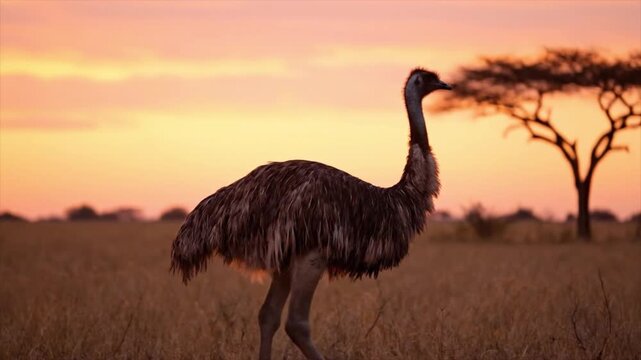 A majestic emu stands in a vast savanna field, silhouetted against a breathtaking golden and orange sunset, embodying tranquil beauty of wild nature at dusk