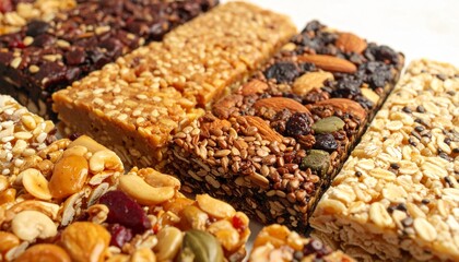 Neatly arranged energy snack bars with various flavors and textures, stacked in an organized and appealing way. The bars should be visually distinct, showcasing ingredients like oats, nuts, chocolate