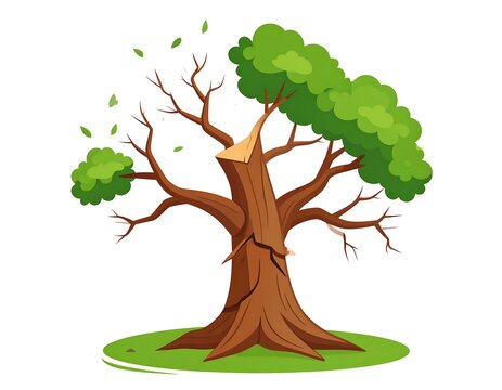 A tree with a broken top and leaves on a green patch