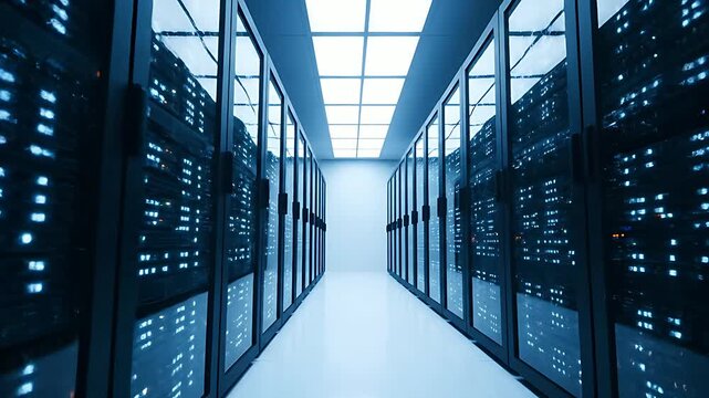 Rows of modern, illuminated server racks create a visually striking, futuristic data center hallway with intense blue lights.