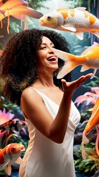 Joyful woman in white dress interacting with koi fish in lush garden