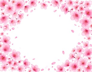 A floral frame of pink cherry blossoms on a white background