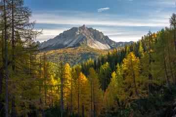 The specular landscape of Sorapis trail between hike to lake in Autumn season, Dolomite, Italy. © shirophoto