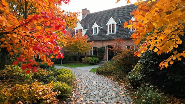 Autumnal Residential Building with Pathway - A charming brick residential building is framed by vibrant autumn foliage. A cobblestone pathway leads to the entrance, creating a picturesque fall scene.