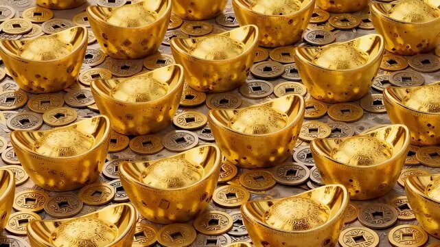 Golden ingots and ancient coins arranged in a full frame pattern