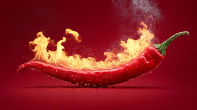 A red chili pepper on fire with flames and smoke rising