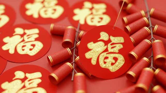 Golden Fu character tags and firecrackers on red background