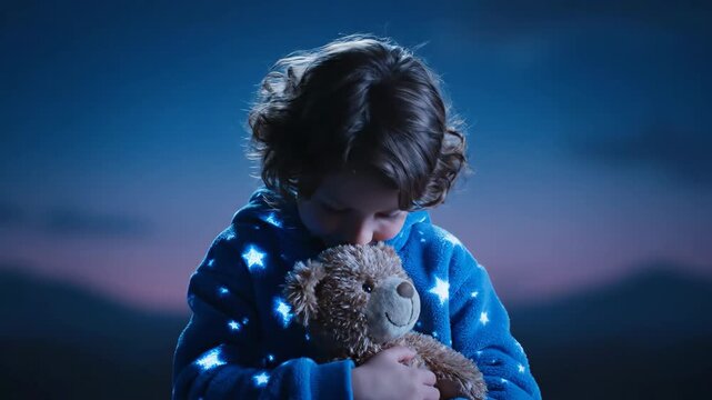 Child with Teddy Bear Under Moonlight - A young child wearing a blue star-patterned hoodie lovingly holds a teddy bear.