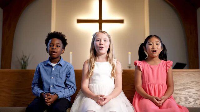 Children Worshiping in Church with Illuminated Cross - Three children sing in a church, with a large illuminated cross in the background. The children are positioned in front of church pews.
