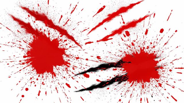 Claw Marks and Splatter Effects in Red and Black - This video showcases a collection of claw marks and splatter effects in vibrant red and black against a clean white background.
