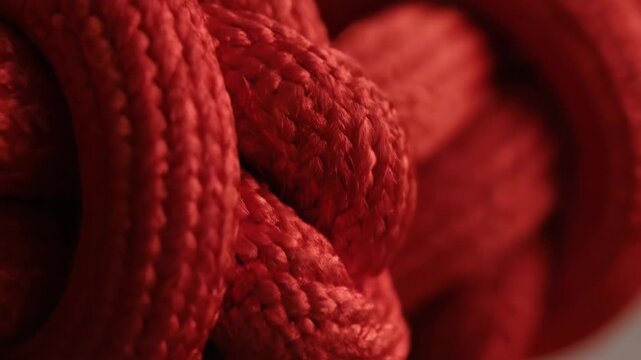 Close-up of Red Rope Texture - A macro shot showcases the intricate texture of intertwined red rope. The video highlights the detailed craftsmanship and the rich color of the material.