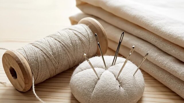 Sewing Supplies - Thread Spool, Pincushion, and Fabric Stack on Wooden Surface.