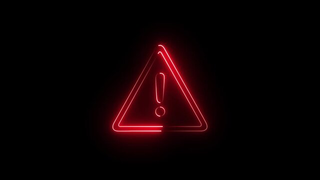 Animated red neon glowing warning triangle exclamation mark icon. System error danger alert. Cyber security risk notification. 4K Motion graphic loop.
