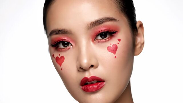 Portrait of Model with Heart Face Art Makeup - A close-up portrait showcases a model with striking red eyeshadow, bold eyeliner, and vibrant red lipstick.
