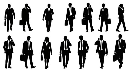 Silhouettes of Business Professionals Walking with Briefcases.