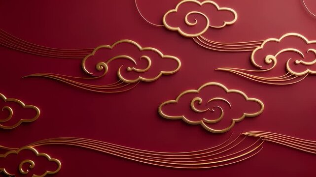 Golden 3D auspicious clouds on traditional red background