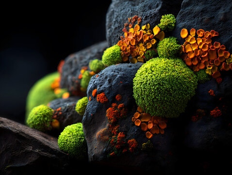 Macro close-up of vibrant lichen on volcanic rock, green and orange patterns against dark stone, symbolizing resilience
