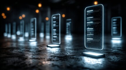 Futuristic Holographic Data Panels in a Dark Digital Space