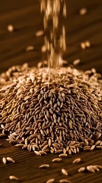 Heap of wheat grains falling on wooden surface in warm light