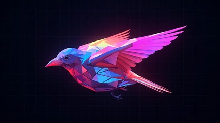 Vibrant polygonal bird in flight against a dark grid background