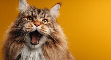 An alert tabby cat stands with a megaphone before a gradient backdrop