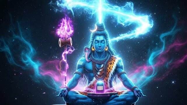 Shiva divine energy awakening through cosmic meditation with trishul damru and sacred aura inspired by mahashivratri spirituality devotion hindu mythology