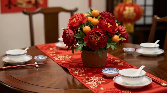 Traditional Chinese New Year dinner table setting in restaurant